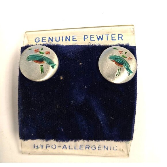 Genuine Pewter Hypo-Allergenic Hand-Painted Bird Design Round Earrings For Sensi - Picture 2 of 2